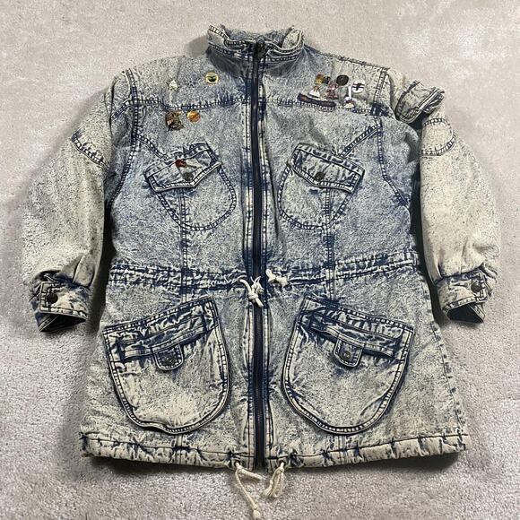 VTG Cherokee Denim Jacket Womens L Acid Wash Drawstring Coat 90s Pins Retro - Picture 1 of 8